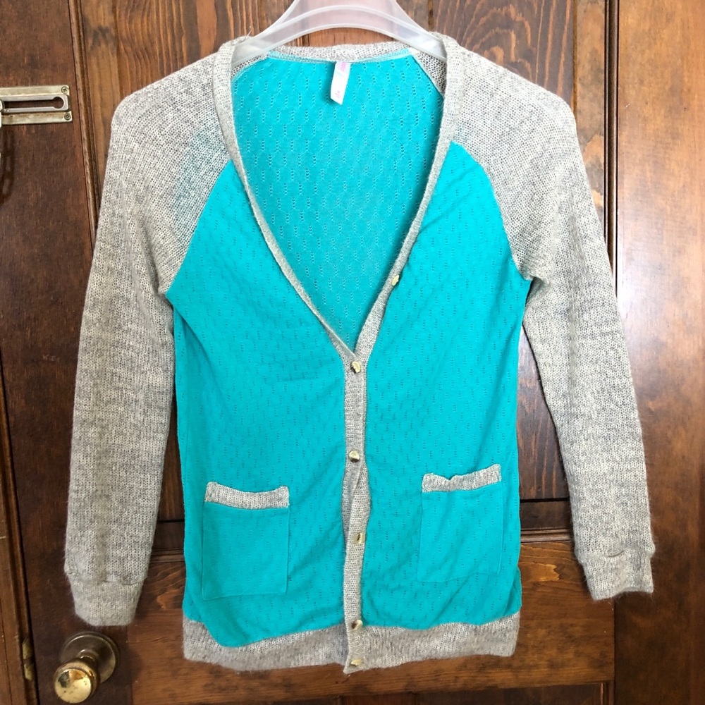 Teal and Gray Ringer Cardigan